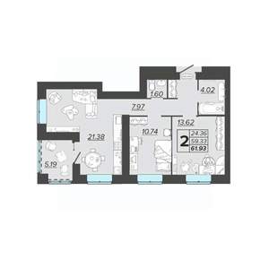 2-к квартира, вторичка, 62м2, 3/9 этаж