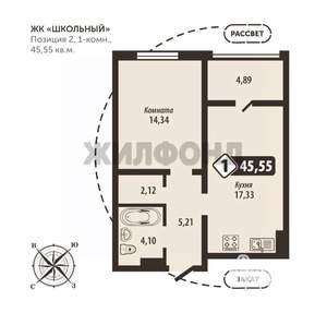 1-к квартира, строящийся дом, 46м2, 14/16 этаж