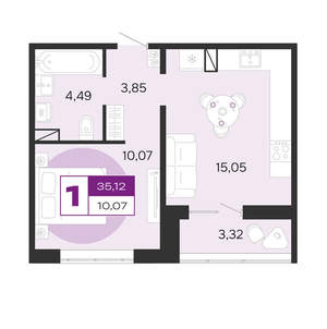 1-к квартира, вторичка, 35м2, 1/10 этаж