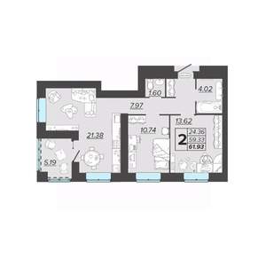 2-к квартира, вторичка, 62м2, 4/9 этаж