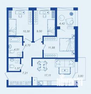 3-к квартира, вторичка, 70м2, 9/17 этаж