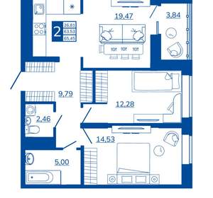 2-к квартира, вторичка, 65м2, 17/17 этаж