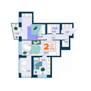 2-к квартира, вторичка, 66м2, 14/16 этаж