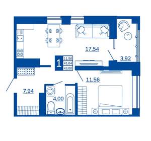 1-к квартира, вторичка, 43м2, 10/17 этаж