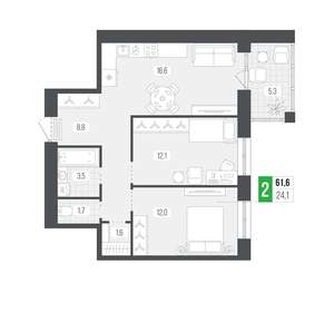 2-к квартира, вторичка, 62м2, 5/9 этаж