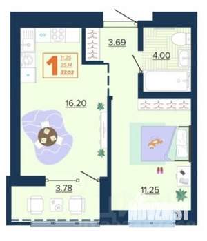 1-к квартира, вторичка, 37м2, 13/16 этаж
