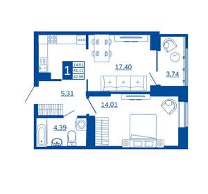 1-к квартира, вторичка, 42м2, 5/17 этаж