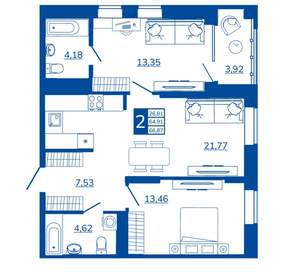 2-к квартира, вторичка, 66м2, 4/17 этаж