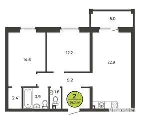 2-к квартира, сданный дом, 69м2, 1/9 этаж