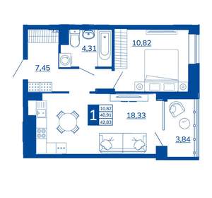 1-к квартира, вторичка, 42м2, 3/17 этаж