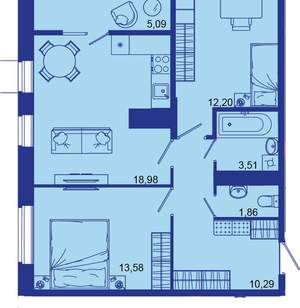 2-к квартира, вторичка, 66м2, 13/16 этаж