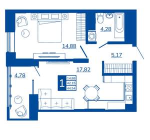 1-к квартира, вторичка, 44м2, 6/17 этаж